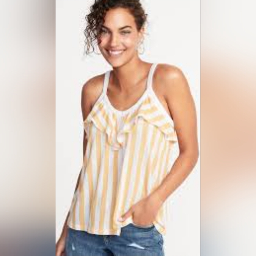 Old Navy Sleeveless‎ Ruffle-Trim Top Yellow Striped Size Large NWT